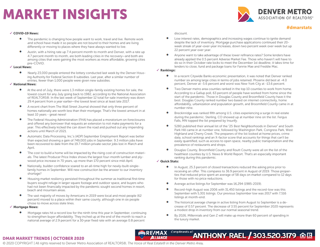 Denver Real Estate Market Insights : October 2020 : DMARSTATS