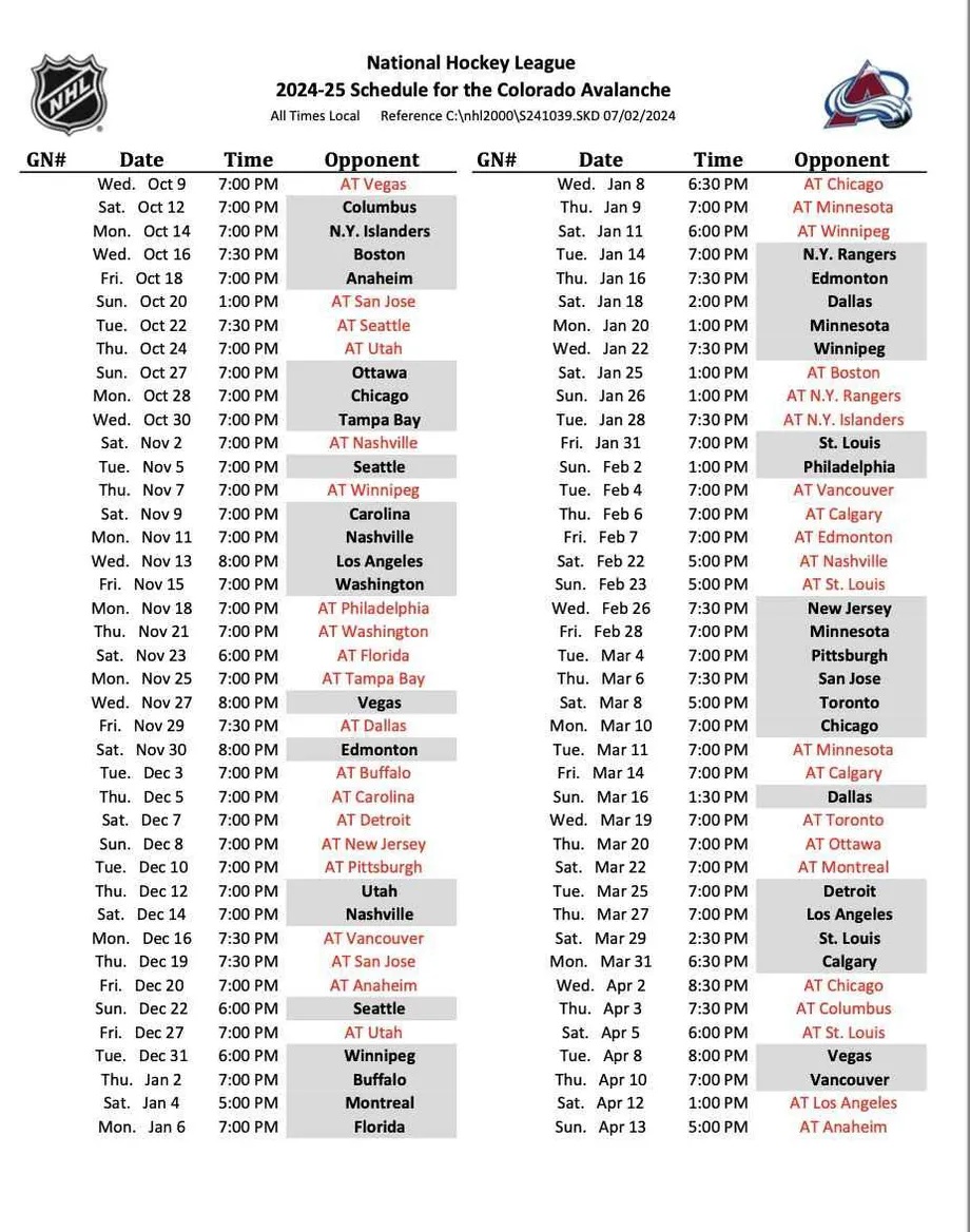 2024-2025 Colorado Avalanche Hockey Schedule