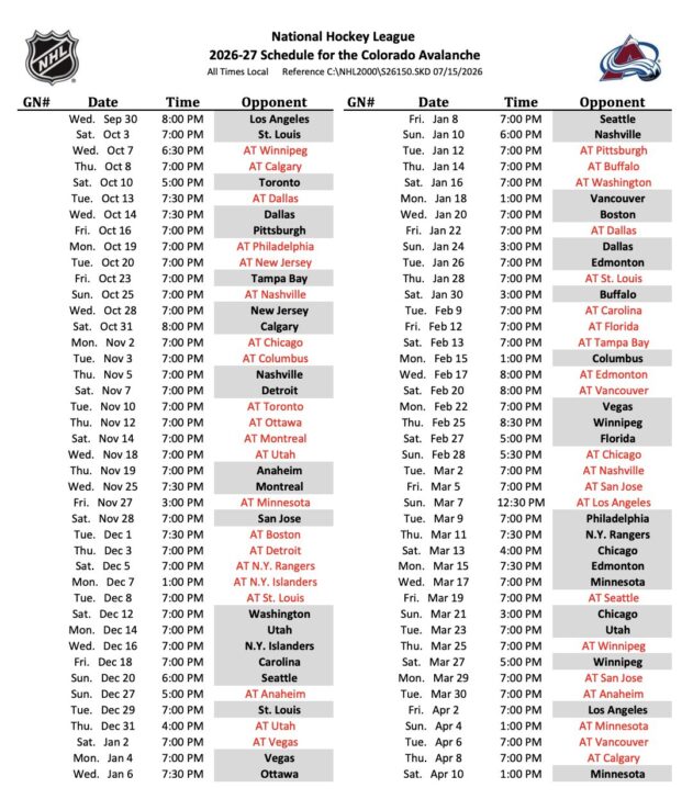 2026-2027 Colorado Avalanche Hockey Schedule